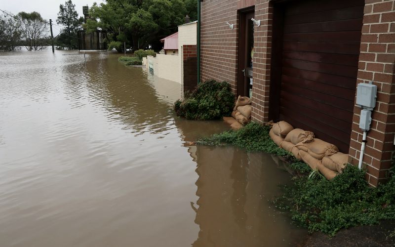 a flooded street with a building and a dog lying on the ground
