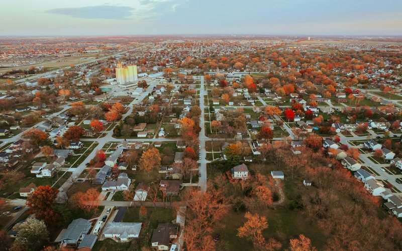an aerial view of a small town surrounded by trees